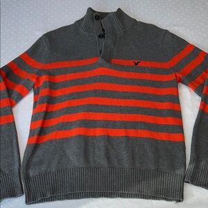 American Eagle Outfitters Gray Sweater with Orange Stripes Zip-Neck